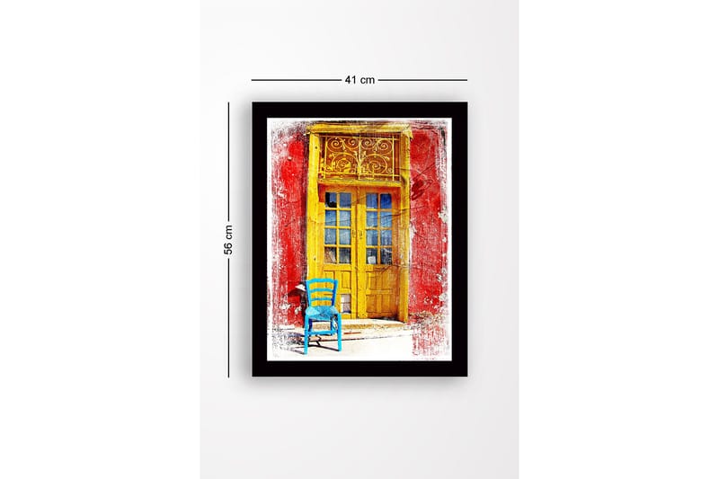 Inramad Canvastavla i trä - 41x56 cm - Gyllene dörr med en blå stol framför på en röd vägg - Gult / Blått / Rött - Inredning - Tavlor & konst