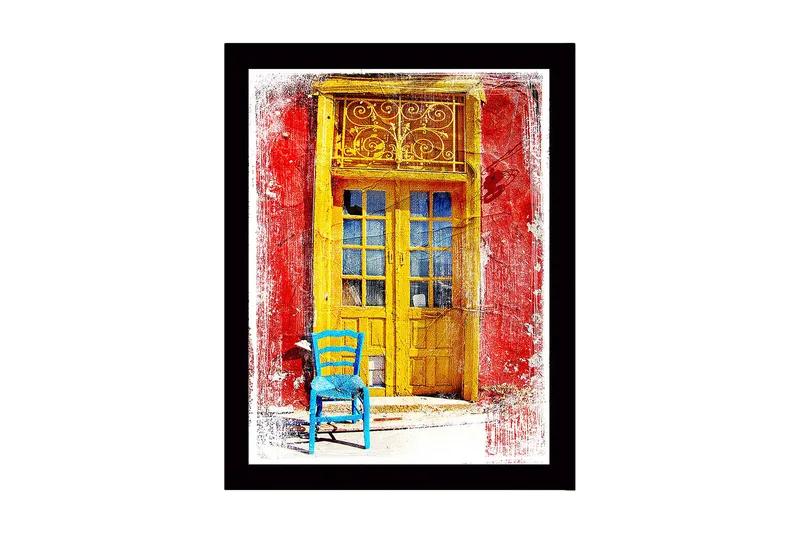 Inramad Canvastavla i trä - 41x56 cm - Gyllene dörr med en blå stol framför på en röd vägg, Gult / Blått / Rött
