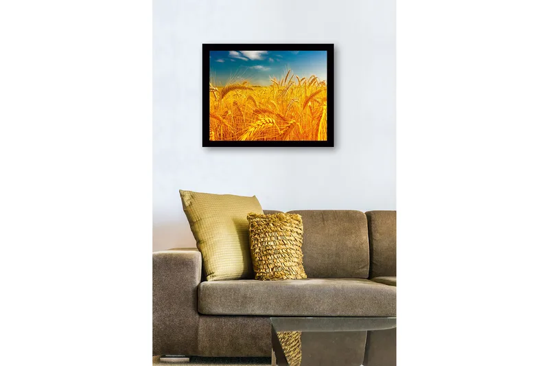 Inramad Canvastavla i trä - 41x56 cm - Gyllene vetefält under en klar himmel - Guld / Blå / Grön - Inredning - Tavlor & konst