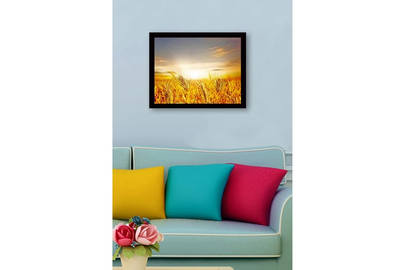 Inramad Canvastavla i trä - 41x56 cm - Gyllene vetefält under en soluppgång - Guld / Orange / Ljusblå - Inredning - Tavlor & konst