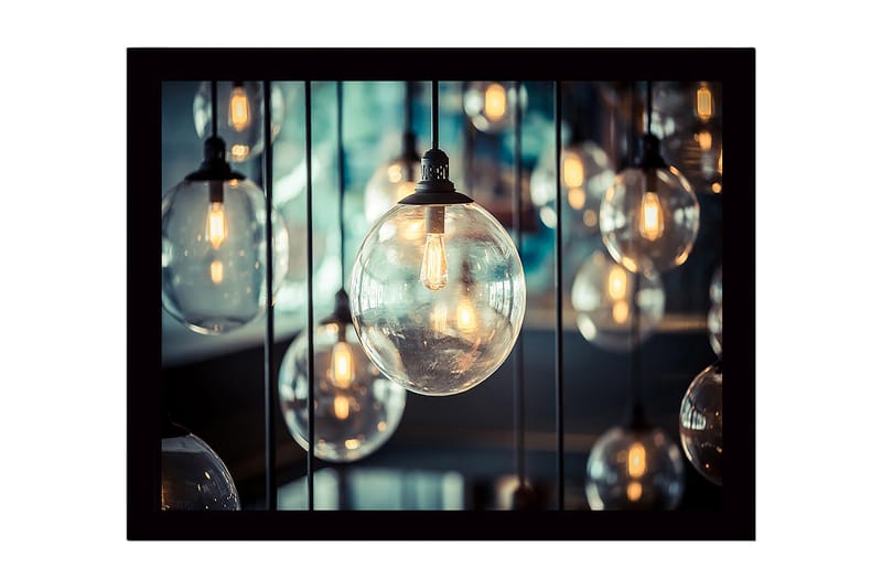 Inramad Canvastavla i trä - 41x56 cm - Hängande glaskupoler med ljuskällor, Klar / Guld / Svart