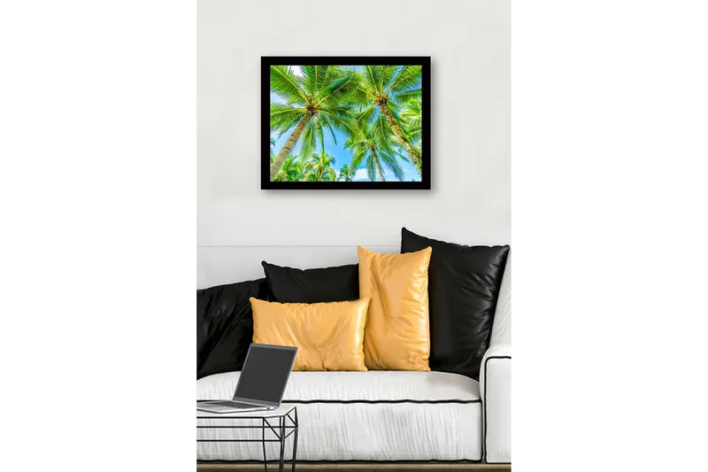 Inramad Canvastavla i trä - 41x56 cm - Höga palmer mot en klarblå himmel - Grön / Blå - Inredning - Tavlor & konst