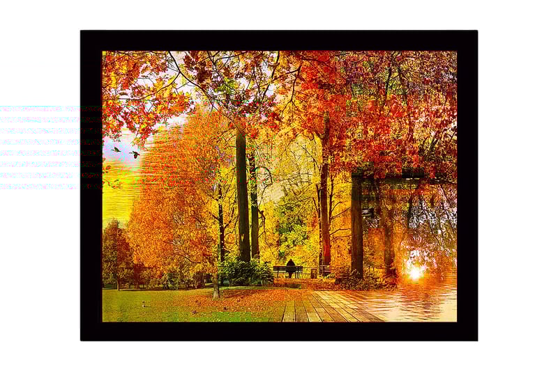 Inramad Canvastavla i trä - 41x56 cm - Höstlandskap med färgglada träd och en solnedgång vid en sjö - Orange / Röd / Gul - Inredning - Tavlor & konst