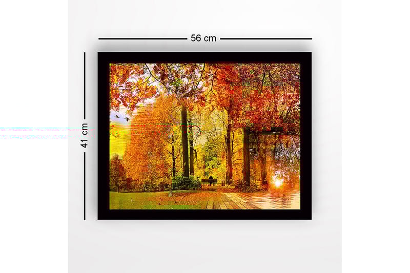 Inramad Canvastavla i trä - 41x56 cm - Höstlandskap med färgglada träd och en solnedgång vid en sjö - Orange / Röd / Gul - Inredning - Tavlor & konst