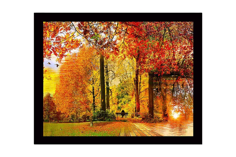 Inramad Canvastavla i trä - 41x56 cm - Höstlandskap med färgglada träd och en solnedgång vid en sjö - Orange / Röd / Gul - Inredning - Tavlor & konst