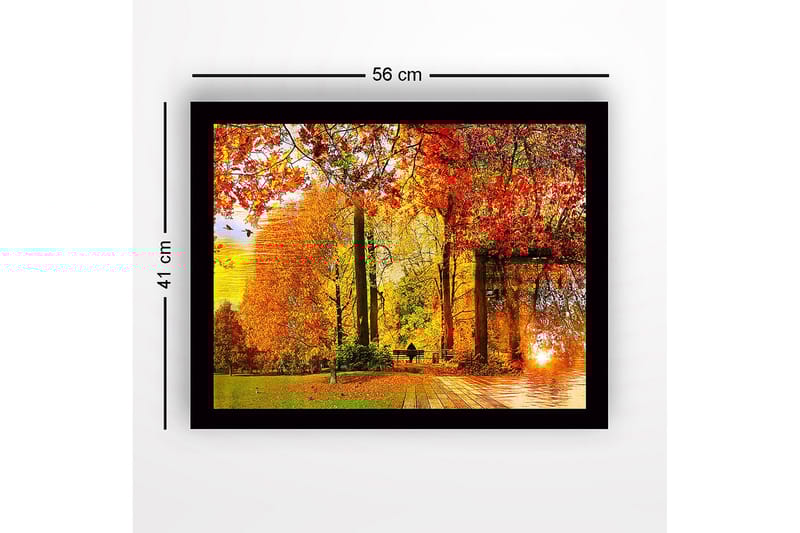 Inramad Canvastavla i trä - 41x56 cm - Höstlandskap med färgglada träd och en solnedgång vid en sjö - Orange / Röd / Gul - Inredning - Tavlor & konst