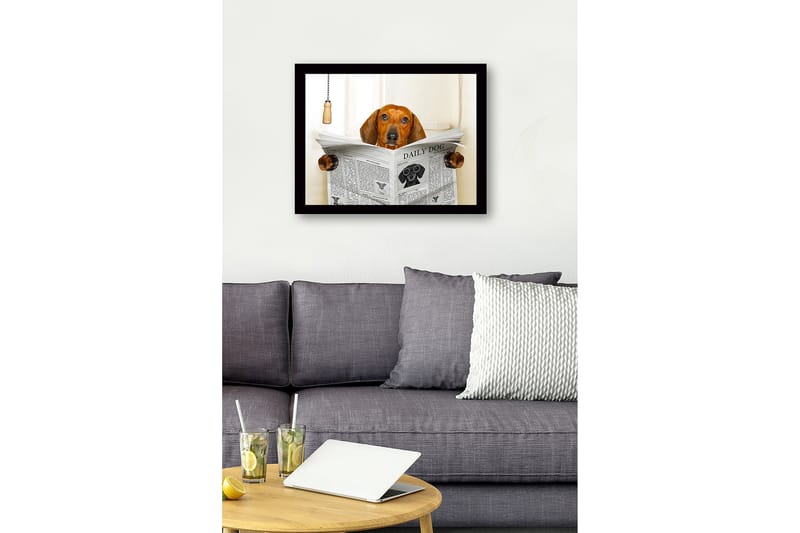 Inramad Canvastavla i trä - 41x56 cm - Hund som läser tidningen DAILY DOG - Brun / Svart / Vit - Inredning - Tavlor & konst