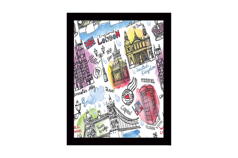 Inramad Canvastavla i trä - 41x56 cm - Illustrerad karta över London med kända landmärken och symboler, Röd / Blå / Lila
