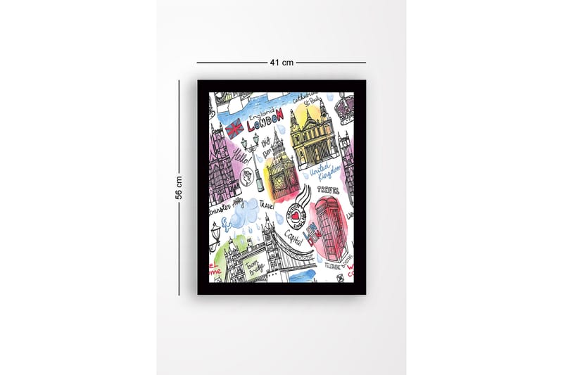 Inramad Canvastavla i trä - 41x56 cm - Illustrerad karta över London med kända landmärken och symboler - Röd / Blå / Lila - Inredning - Tavlor & konst
