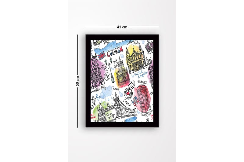 Inramad Canvastavla i trä - 41x56 cm - Illustrerad karta över London med kända landmärken och symboler - Röd / Blå / Lila - Inredning - Tavlor & konst