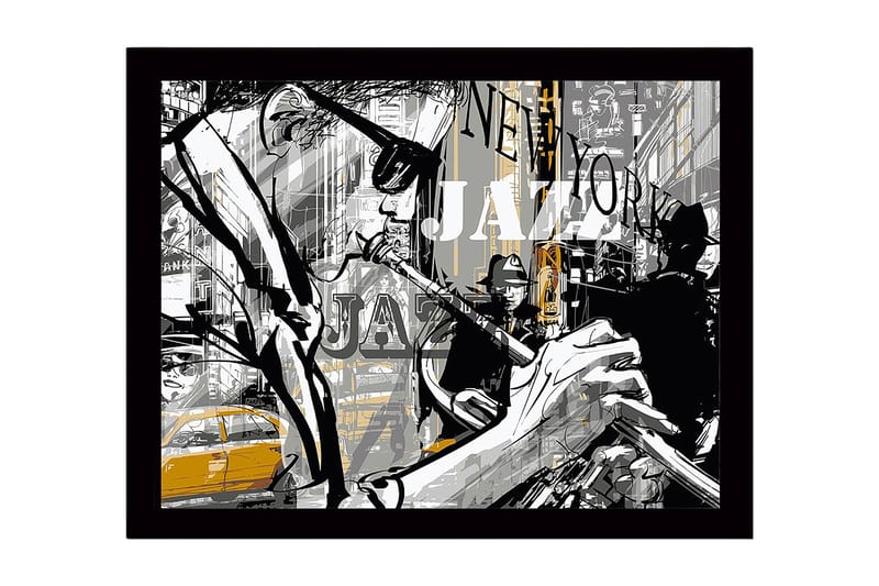 Inramad Canvastavla i trä - 41x56 cm - Jazzmusiker i en livlig stadsmiljö - Svart / Grå / Gul - Inredning - Tavlor & konst
