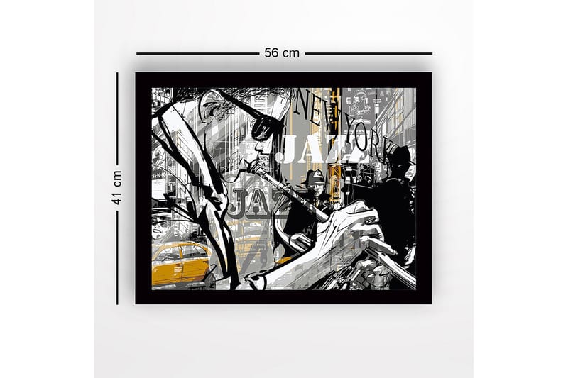 Inramad Canvastavla i trä - 41x56 cm - Jazzmusiker i en livlig stadsmiljö - Svart / Grå / Gul - Inredning - Tavlor & konst