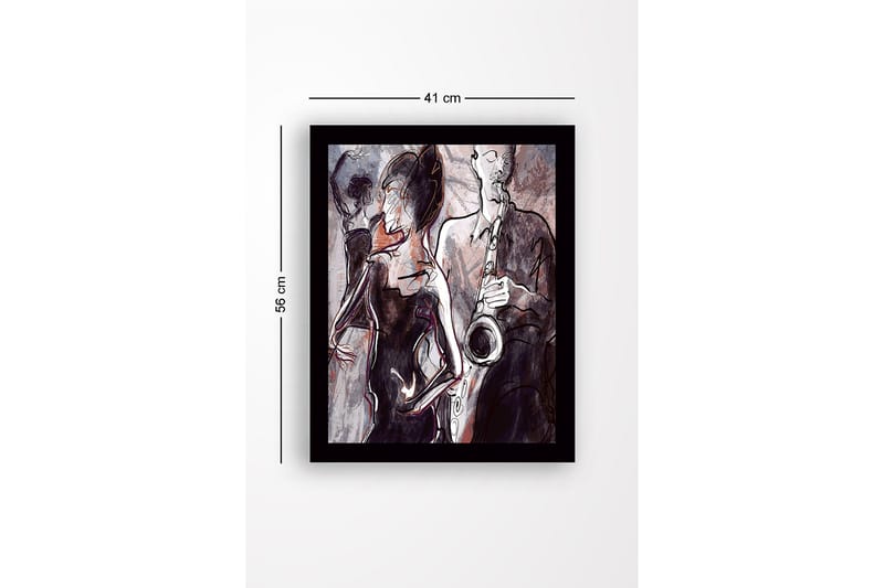 Inramad Canvastavla i trä - 41x56 cm - Jazzmusiker som spelar saxofon med dansande silhuetter i bakgrunden - Mörkröd / Grå / Svart - Inredning - Tavlor & konst