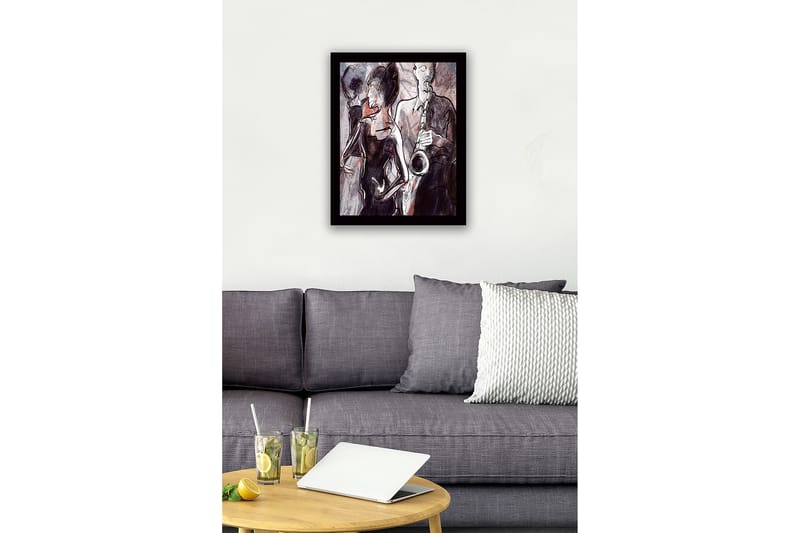 Inramad Canvastavla i trä - 41x56 cm - Jazzmusiker som spelar saxofon med dansande silhuetter i bakgrunden - Mörkröd / Grå / Svart - Inredning - Tavlor & konst