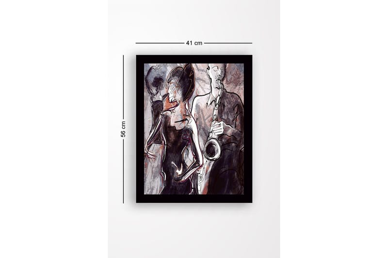 Inramad Canvastavla i trä - 41x56 cm - Jazzmusiker som spelar saxofon med dansande silhuetter i bakgrunden - Mörkröd / Grå / Svart - Inredning - Tavlor & konst