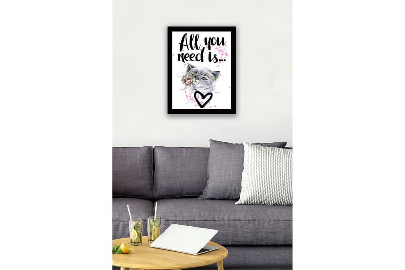 Inramad Canvastavla i trä - 41x56 cm - Katt med en tass som sträcker sig framåt - Grå / Rosa / Svart - Inredning - Tavlor & konst