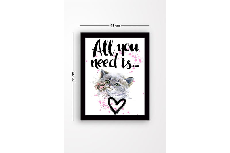 Inramad Canvastavla i trä - 41x56 cm - Katt med en tass som sträcker sig framåt - Grå / Rosa / Svart - Inredning - Tavlor & konst