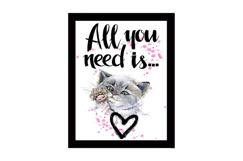 Inramad Canvastavla i trä - 41x56 cm - Katt med en tass som sträcker sig framåt - Grå / Rosa / Svart - Inredning - Tavlor & konst