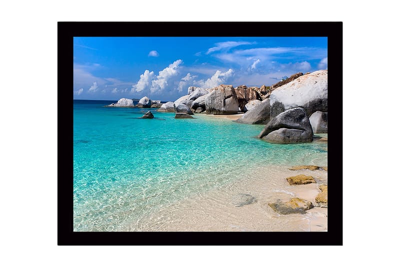 Inramad Canvastavla i trä - 41x56 cm - Klarblått hav med stora klippor och sandstrand, Turkos / Vit / Grå