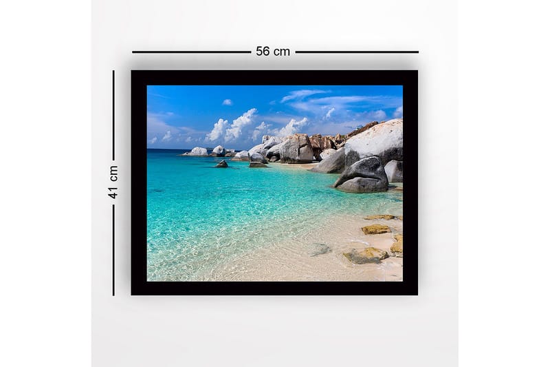 Inramad Canvastavla i trä - 41x56 cm - Klarblått hav med stora klippor och sandstrand - Turkos / Vit / Grå - Inredning - Tavlor & konst