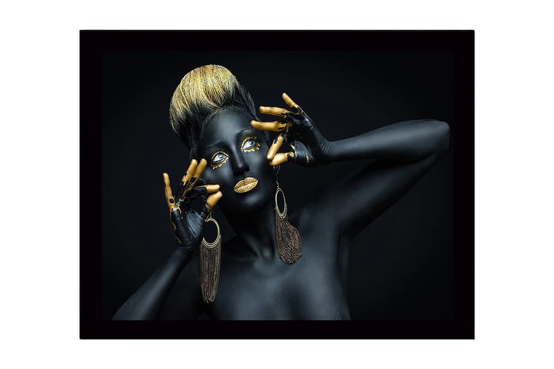 Inramad Canvastavla i trä - 41x56 cm - Konstverk med en kvinna i svart kroppsmålning och guldiga detaljer - Svart / Guld / Brun - Inredning - Tavlor & konst