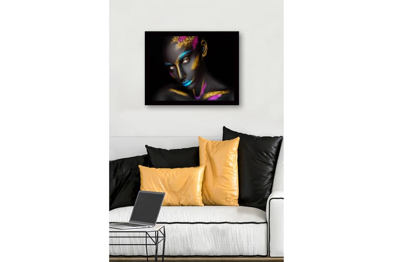 Inramad Canvastavla i trä - 41x56 cm - Konstverk med en kvinna med färgglad ansiktsmålning - Svart / Blå / Guld - Inredning - Tavlor & konst