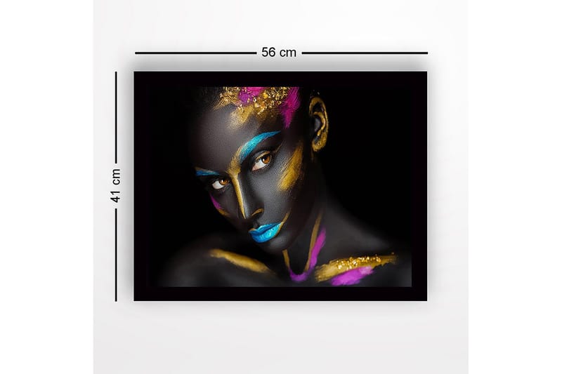 Inramad Canvastavla i trä - 41x56 cm - Konstverk med en kvinna med färgglad ansiktsmålning - Svart / Blå / Guld - Inredning - Tavlor & konst