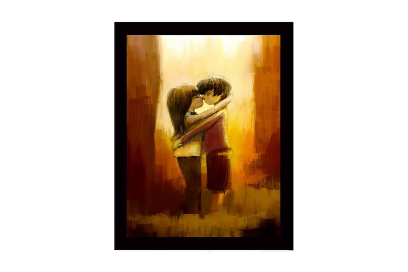 Inramad Canvastavla i trä - 41x56 cm - Kramande par i en romantisk omfamning - Guld / Brunt / Beige - Inredning - Tavlor & konst