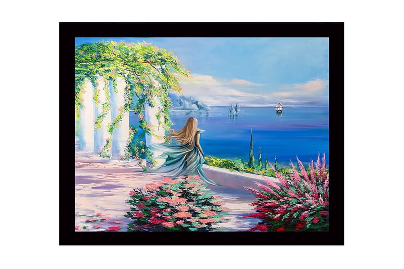 Inramad Canvastavla i trä - 41x56 cm - Kvinna i blå klänning som blickar ut över havet med blommor i förgrunden - Blå / Grön / Rosa - Inredning - Tavlor & konst