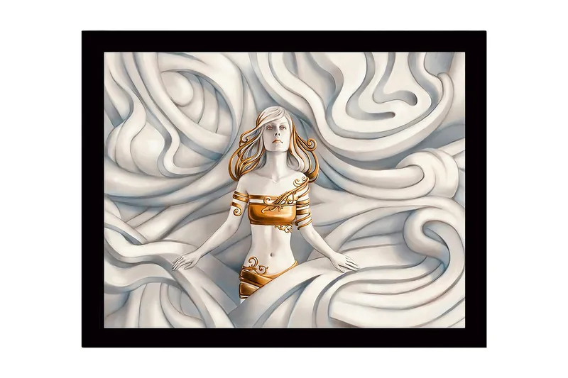 Inramad Canvastavla i trä - 41x56 cm - Kvinna i en drömlik miljö omgiven av svängande former - Vit / Beige / Gyllene - Inredning - Tavlor & konst
