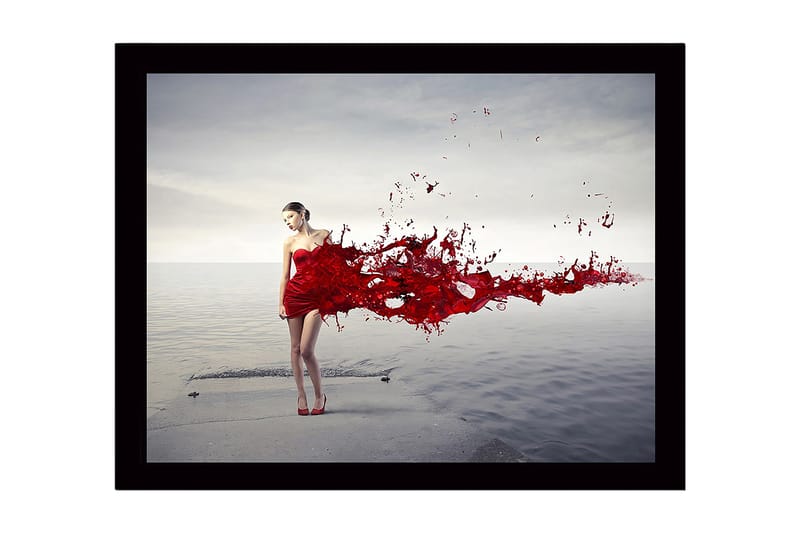 Inramad Canvastavla i trä - 41x56 cm - Kvinna i röd klänning med flödande röda färgpartiklar - Röd / Grå - Inredning - Tavlor & konst
