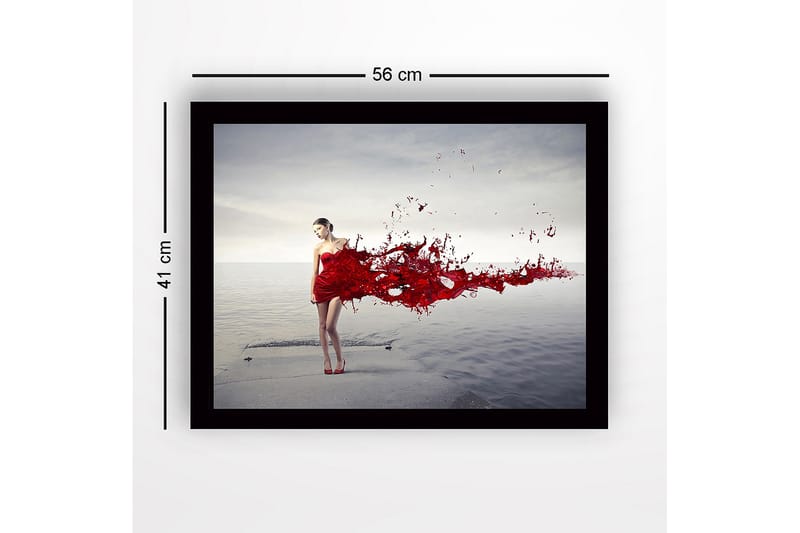Inramad Canvastavla i trä - 41x56 cm - Kvinna i röd klänning med flödande röda färgpartiklar - Röd / Grå - Inredning - Tavlor & konst