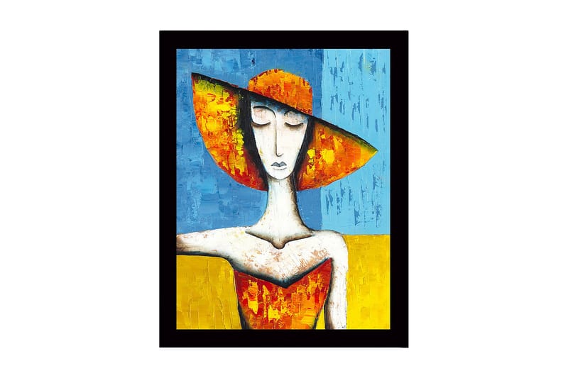 Inramad Canvastavla i trä - 41x56 cm - Kvinna med stor hatt i starka färger - Orange / Blå / Gul - Inredning - Tavlor & konst
