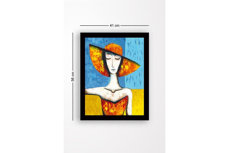 Inramad Canvastavla i trä - 41x56 cm - Kvinna med stor hatt i starka färger - Orange / Blå / Gul - Inredning - Tavlor & konst