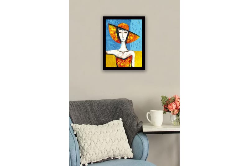 Inramad Canvastavla i trä - 41x56 cm - Kvinna med stor hatt i starka färger - Orange / Blå / Gul - Inredning - Tavlor & konst