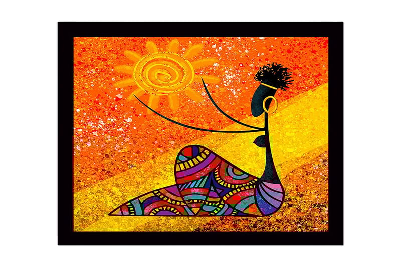 Inramad Canvastavla i trä - 41x56 cm - Kvinna som håller en sol med färgglada mönster, Orange / Svart / Gul