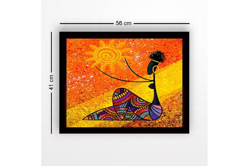 Inramad Canvastavla i trä - 41x56 cm - Kvinna som håller en sol med färgglada mönster - Orange / Svart / Gul - Inredning - Tavlor & konst