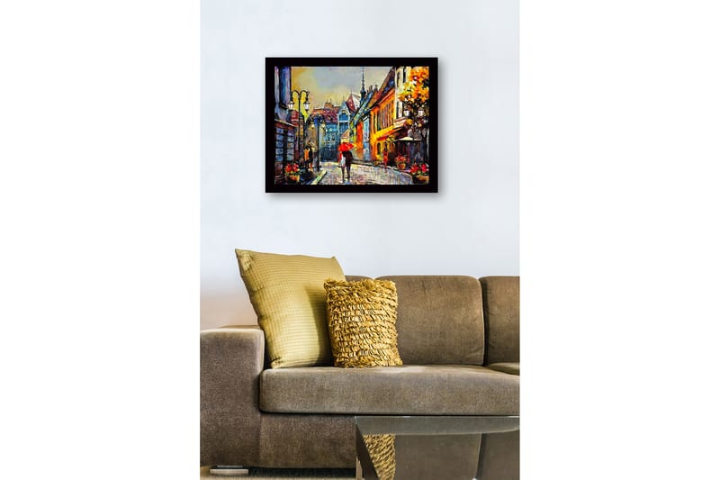 Inramad Canvastavla i trä - 41x56 cm - Livlig gata med människor och paraplyer i en stadsmiljö - Gult / Rött / Blått - Inredning - Tavlor & konst