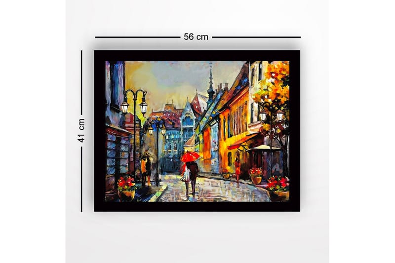 Inramad Canvastavla i trä - 41x56 cm - Livlig gata med människor och paraplyer i en stadsmiljö - Gult / Rött / Blått - Inredning - Tavlor & konst