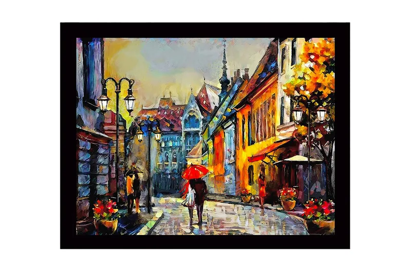 Inramad Canvastavla i trä - 41x56 cm - Livlig gata med människor och paraplyer i en stadsmiljö - Gult / Rött / Blått - Inredning - Tavlor & konst