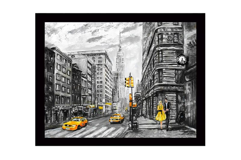 Inramad Canvastavla i trä - 41x56 cm - Livlig stadsbild med en kvinna i gul klänning och gula taxibilar, Gul / Svart / Grå