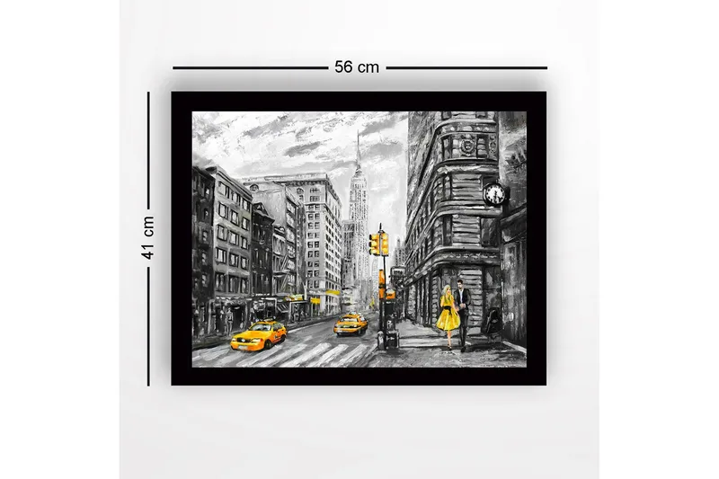 Inramad Canvastavla i trä - 41x56 cm - Livlig stadsbild med en kvinna i gul klänning och gula taxibilar - Gul / Svart / Grå - Inredning - Tavlor & konst