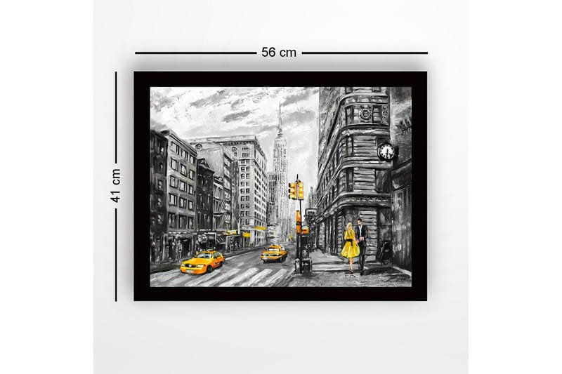 Inramad Canvastavla i trä - 41x56 cm - Livlig stadsbild med en kvinna i gul klänning och gula taxibilar - Gul / Svart / Grå - Inredning - Tavlor & konst