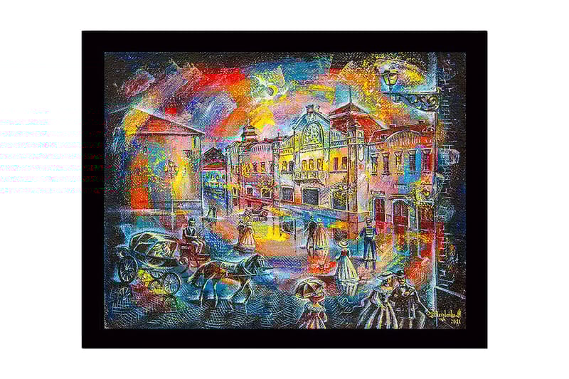 Inramad Canvastavla i trä - 41x56 cm - Livlig stadsbild med människor i historiska kläder och hästdragna vagnar - Blå / Röd / Gul - Inredning - Tavlor & konst