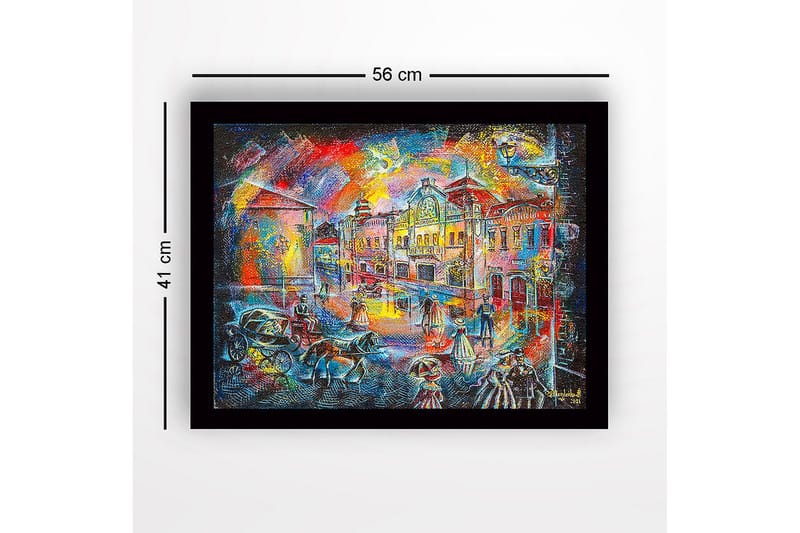 Inramad Canvastavla i trä - 41x56 cm - Livlig stadsbild med människor i historiska kläder och hästdragna vagnar - Blå / Röd / Gul - Inredning - Tavlor & konst