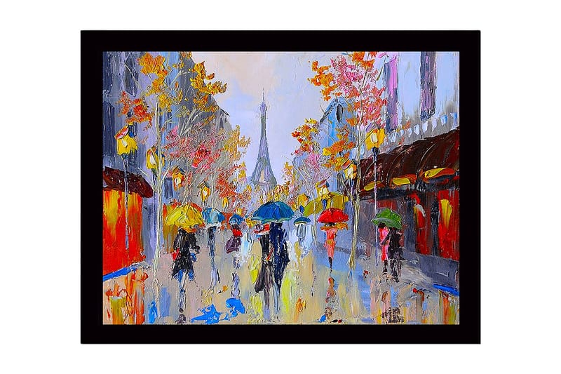 Inramad Canvastavla i trä - 41x56 cm - Livlig stadsbild med människor som bär paraplyer i regnet - Gult / Blått / Rött - Inredning - Tavlor & konst