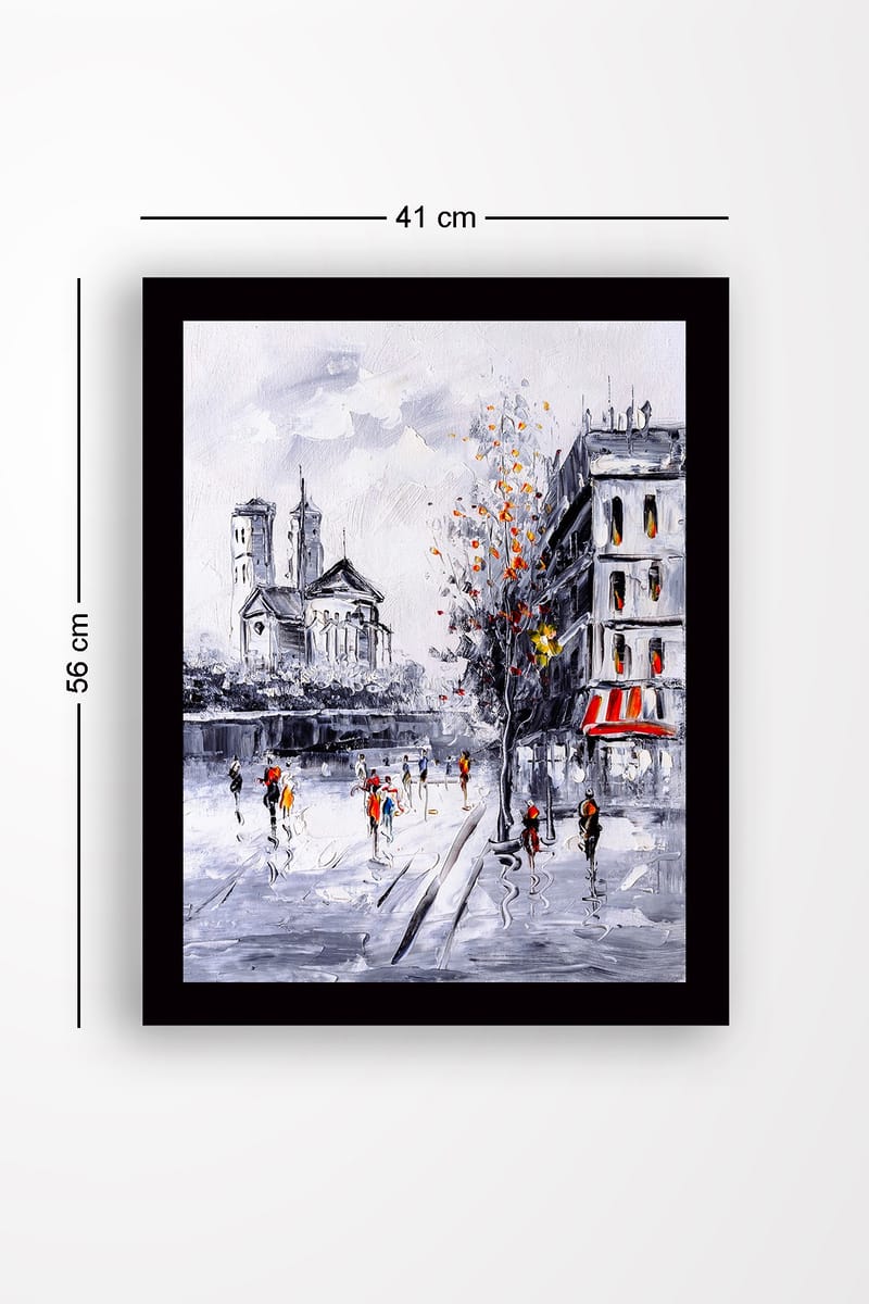 Inramad Canvastavla i trä - 41x56 cm - Livlig stadsbild med människor som promenerar i en höstlig miljö - Grå / Orange / Röd - Inredning - Tavlor & konst