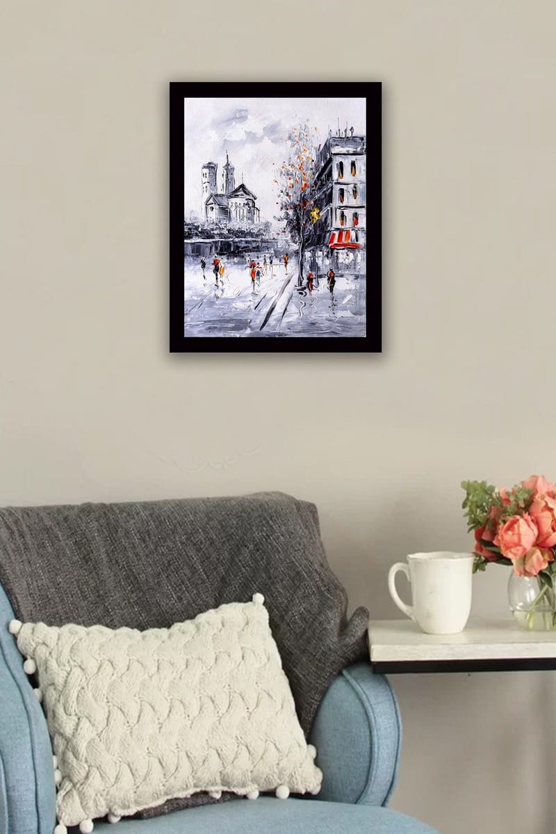 Inramad Canvastavla i trä - 41x56 cm - Livlig stadsbild med människor som promenerar i en höstlig miljö - Grå / Orange / Röd - Inredning - Tavlor & konst