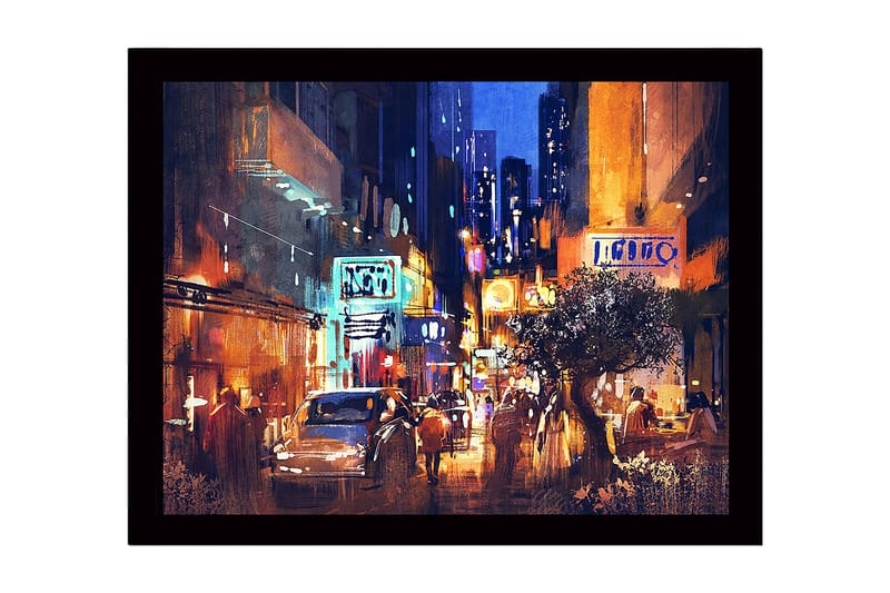 Inramad Canvastavla i trä - 41x56 cm - Livlig stadsbild med nattlig atmosfär och människor i rörelse - Mörkblå / Orange / Vit - Inredning - Tavlor & konst