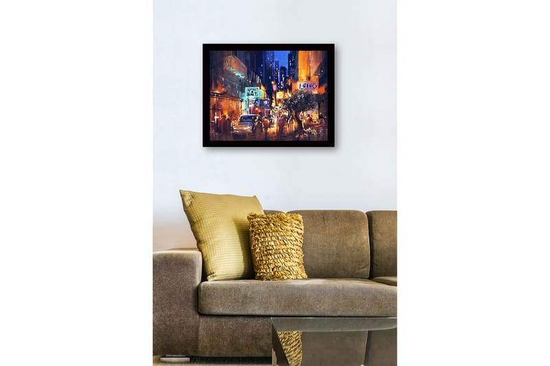 Inramad Canvastavla i trä - 41x56 cm - Livlig stadsbild med nattlig atmosfär och människor i rörelse - Mörkblå / Orange / Vit - Inredning - Tavlor & konst